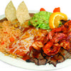 Our Mar y Tierra plate has steak, a cheese enchilada, and shrimp in a diabla sauce. Included are rice, beans, guacamole, and tortillas.